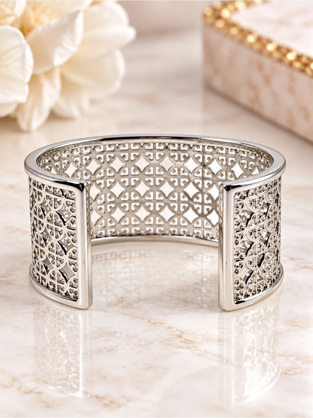 Tory Burch Miller logo cuff bracelet in silver.